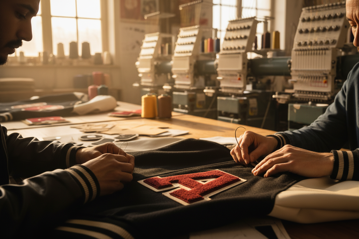 Artesanos bordando varsity jackets