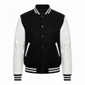 Chamarra Varsity Paño Negro con Mangas de Cuero Blanco sin letra