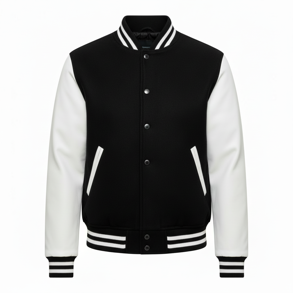 Chamarra Varsity Paño Negro con Mangas de Cuero Blanco sin letra