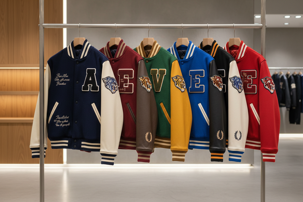 Varsity jackets colgadas en rack