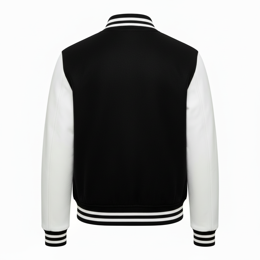 Vista trasera Chamarra Varsity Paño Negro con Mangas de Cuero Blanco