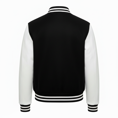 Vista trasera Chamarra Varsity Paño Negro con Mangas de Cuero Blanco